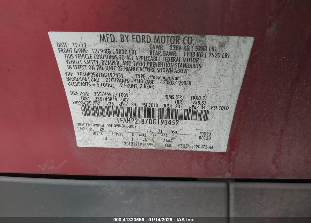 2013 FORD TAURUS VIN: 1FAHP2F87DG193452