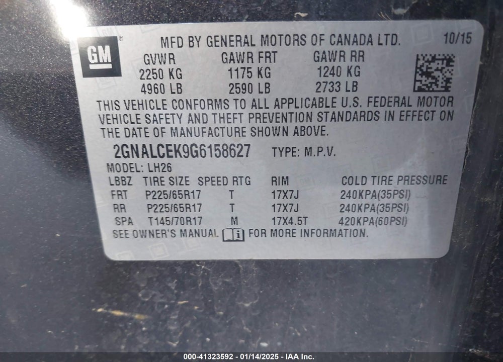 2016 CHEVROLET EQUINOX LT VIN: 2GNALCEK9G6158627