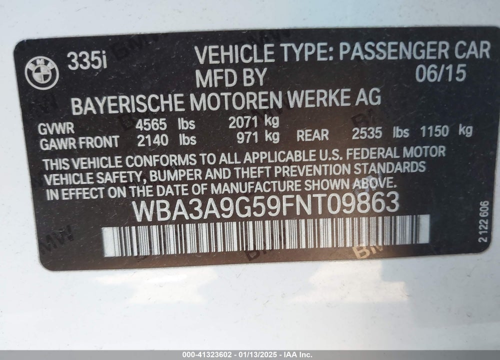 2015 BMW 335I VIN: WBA3A9G59FNT09863