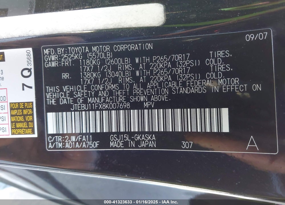 2008 TOYOTA FJ CRUISER VIN: JTEBU11FX8K007698