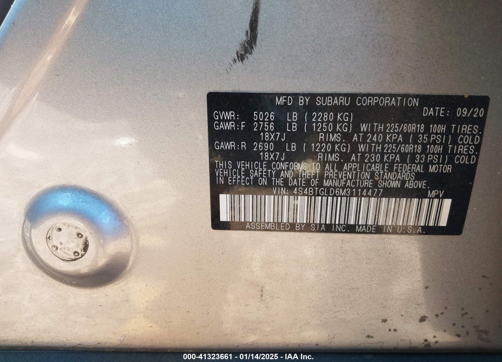 2021 SUBARU OUTBACK ONYX EDITION XT VIN: 4S4BTGLD6M3114477