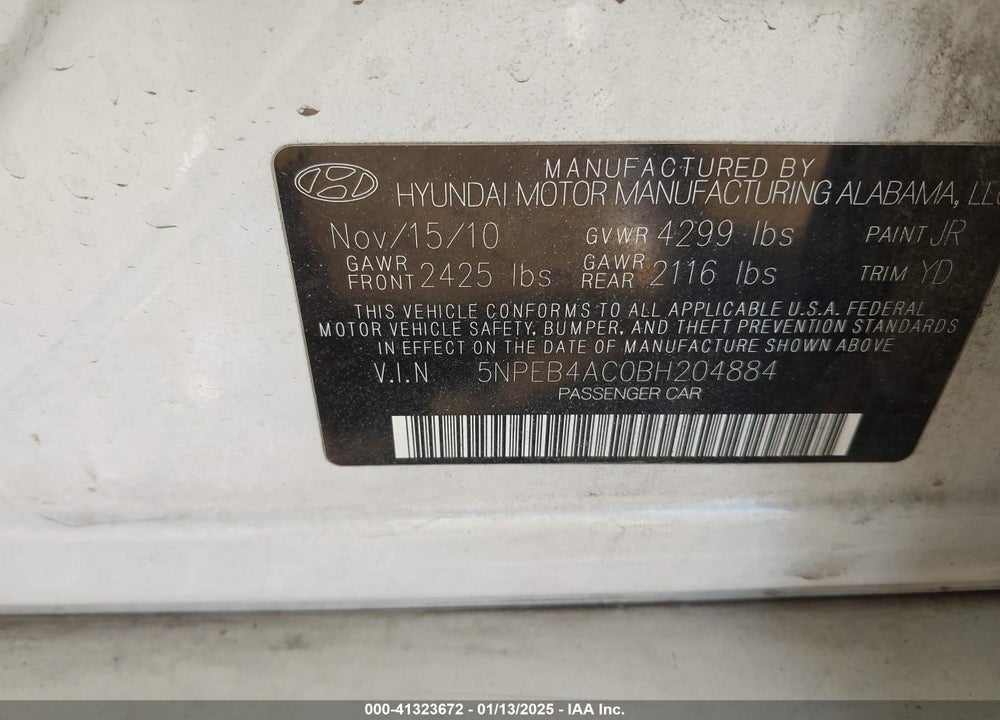 2011 HYUNDAI SONATA VIN: 5NPEB4AC0BH204884