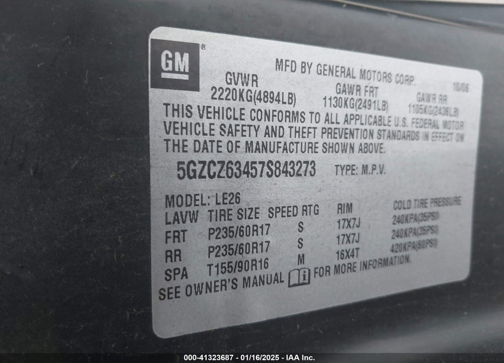 2007 SATURN VUE V6 VIN: 5GZCZ63457S843273