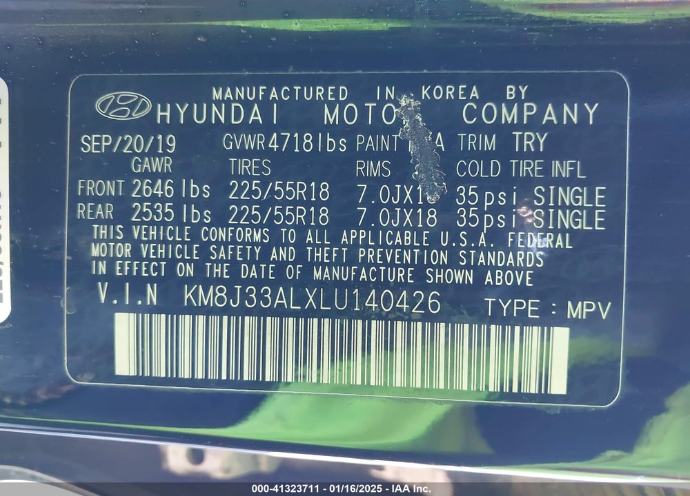 2020 HYUNDAI TUCSON SEL VIN: KM8J33ALXLU140426
