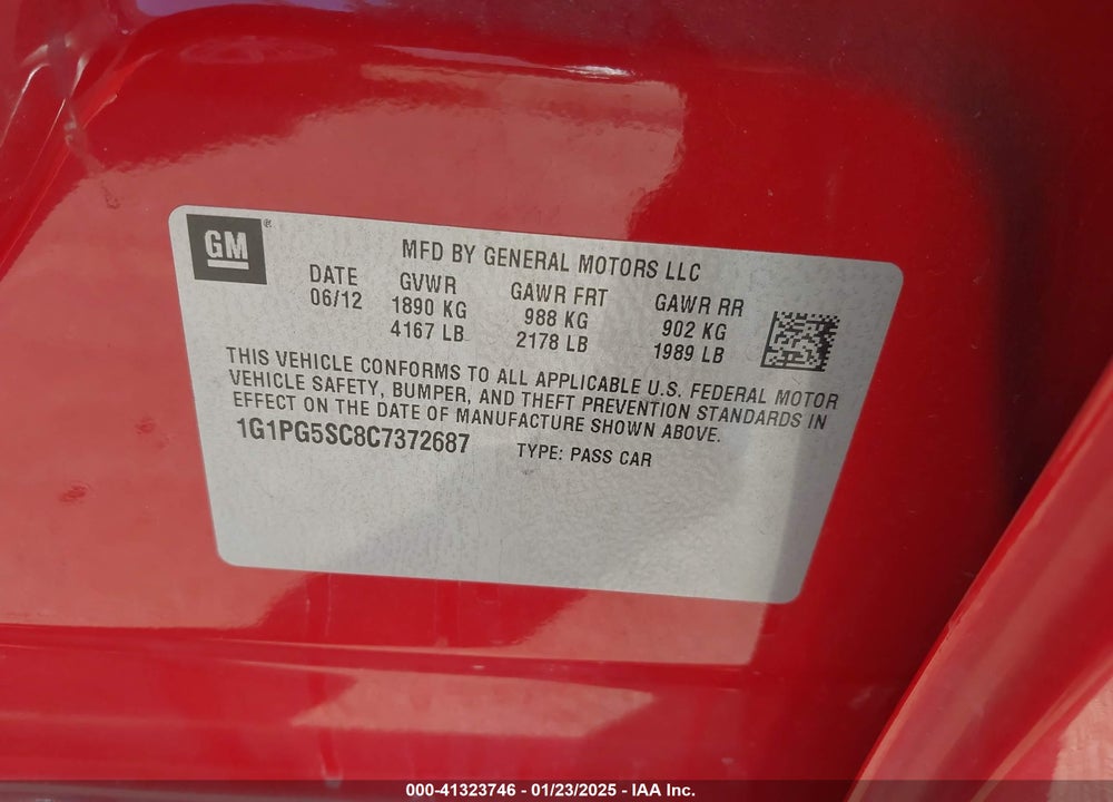 2012 CHEVROLET CRUZE 2LT VIN: 1G1PG5SC8C7372687