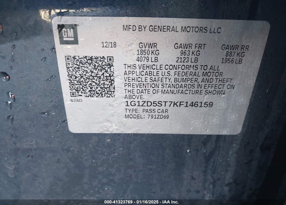 2019 CHEVROLET MALIBU VIN: 1G1ZD5ST7KF146159