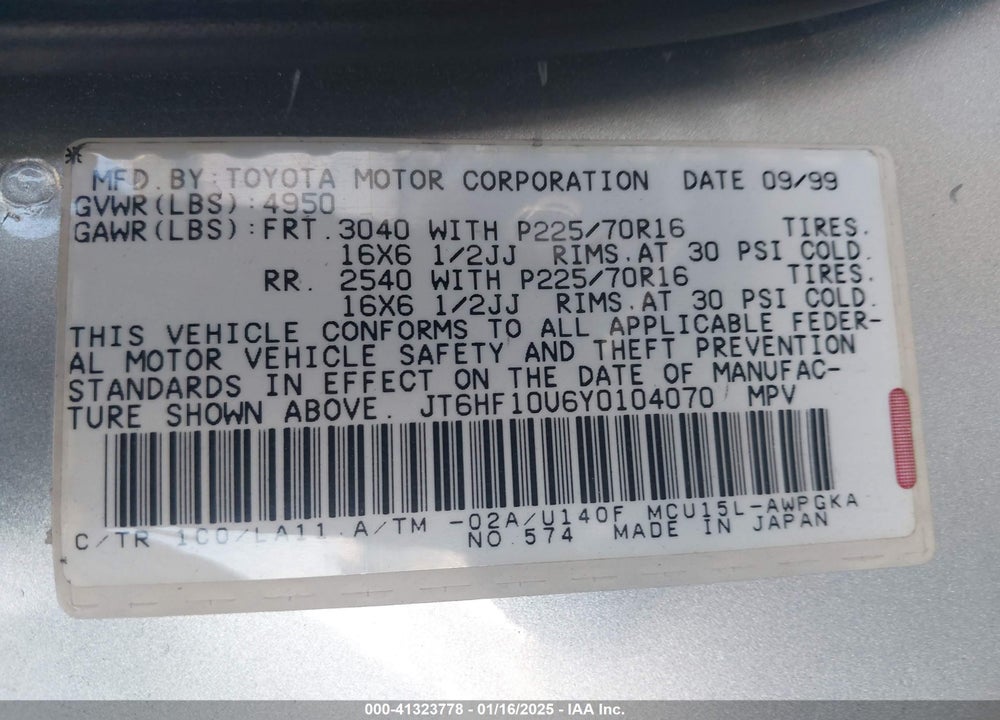 2000 LEXUS RX 300 VIN: JT6HF10U6Y0104070