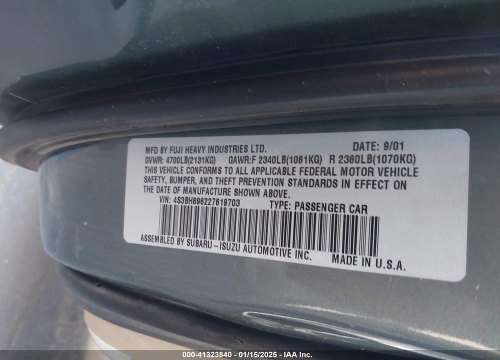 2002 SUBARU OUTBACK H6-3.0 VDC VIN: 4S3BH896227619703