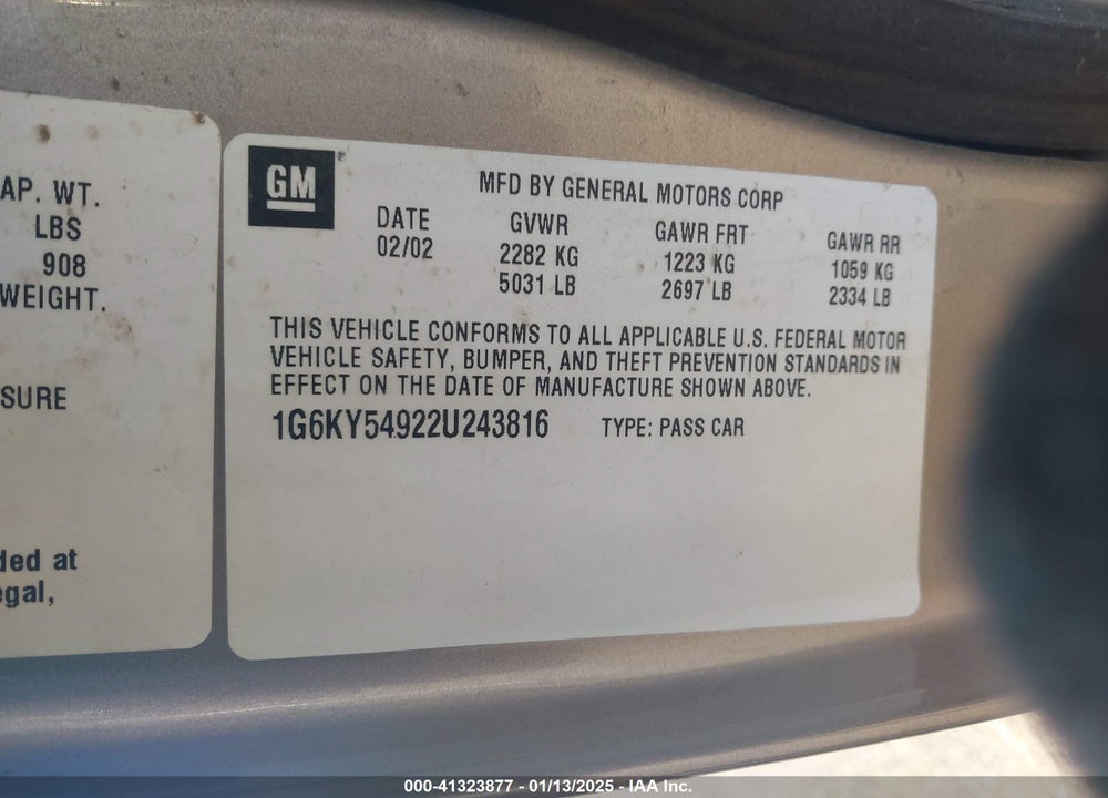 2002 CADILLAC SEVILLE STS VIN: 1G6KY54922U243816
