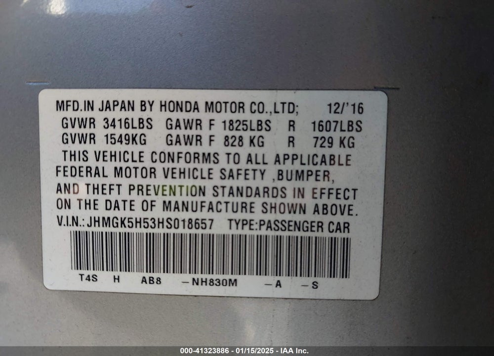 2017 HONDA FIT LX VIN: JHMGK5H53HS018657