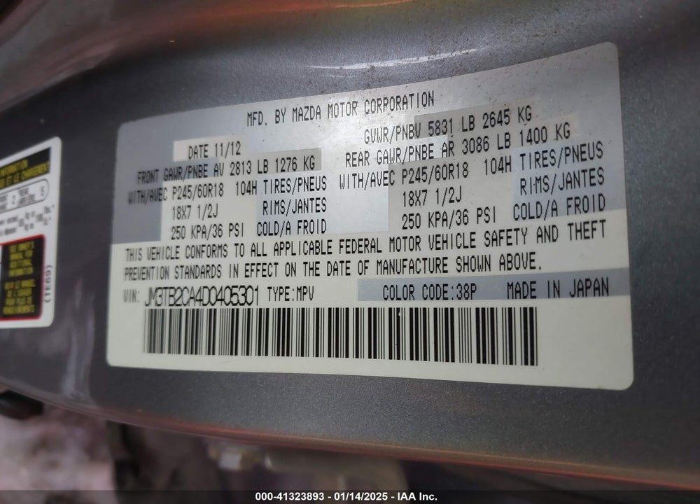 2013 MAZDA CX-9 VIN: JM3TB2CA4D0405301