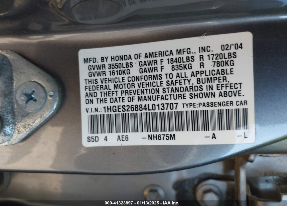 2004 HONDA CIVIC EX VIN: 1HGES26884L013707