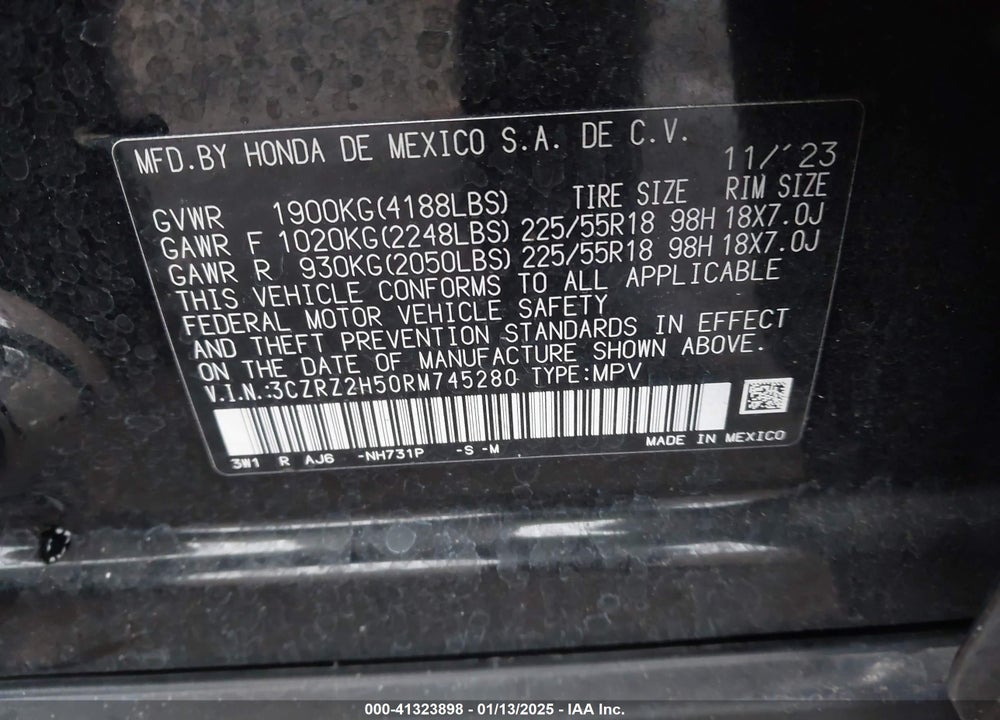 2024 HONDA HR-V AWD SPORT/AWD SPORT W/O BSI VIN: 3CZRZ2H50RM745280