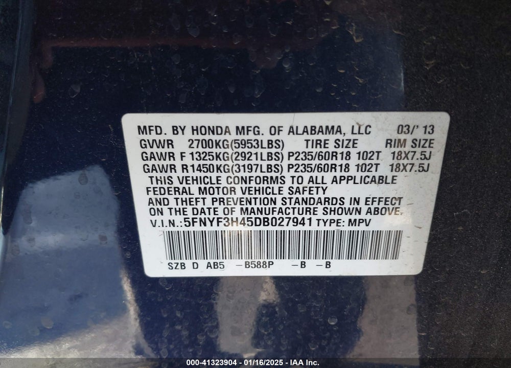 2013 HONDA PILOT EX VIN: 5FNYF3H45DB027941