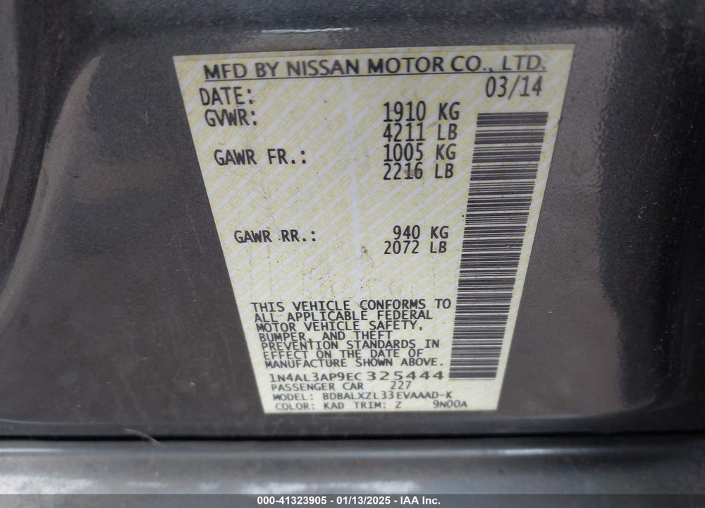 2014 NISSAN ALTIMA VIN: 1N4AL3AP9EC325444