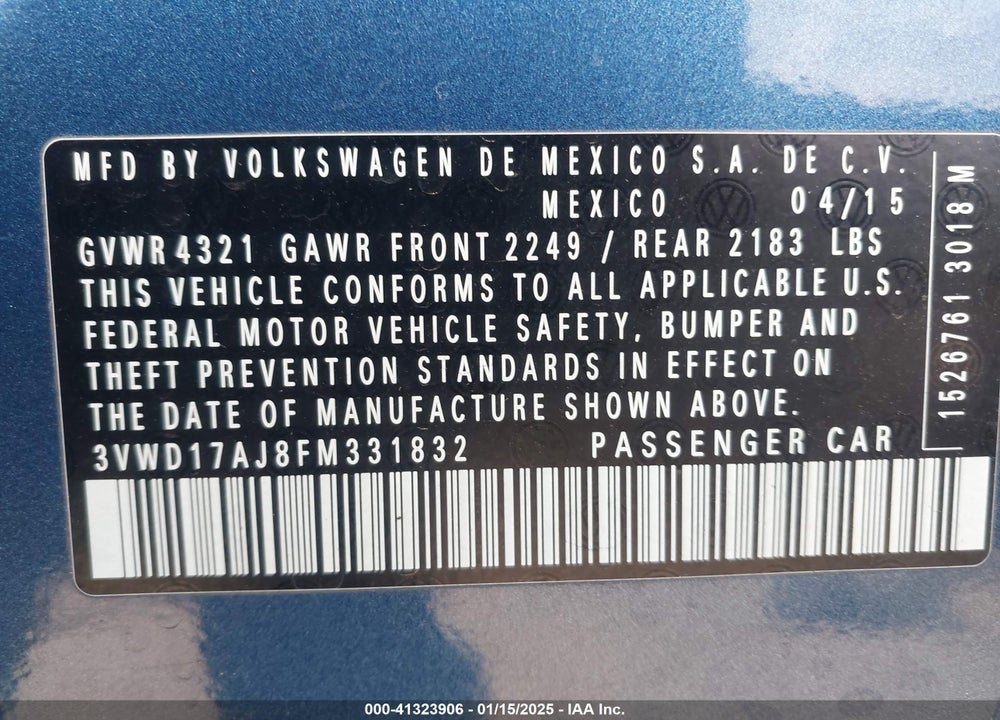 2015 VOLKSWAGEN JETTA VIN: 3VWD17AJ8FM331832