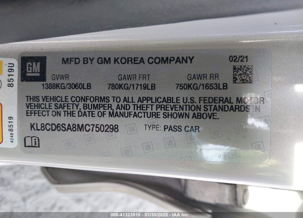 2021 CHEVROLET SPARK VIN: KL8CD6SA8MC750298
