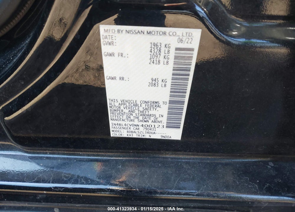 2022 NISSAN ALTIMA SR FWD VIN: 1N4BL4CV0NN400123