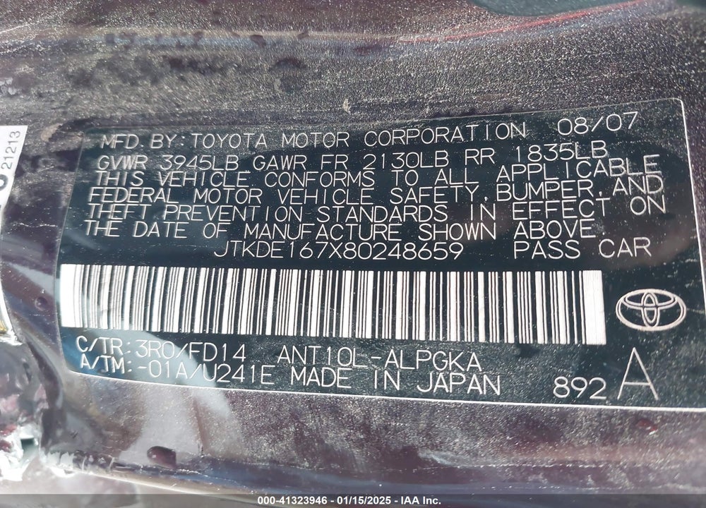 2008 SCION TC VIN: JTKDE167X80248659