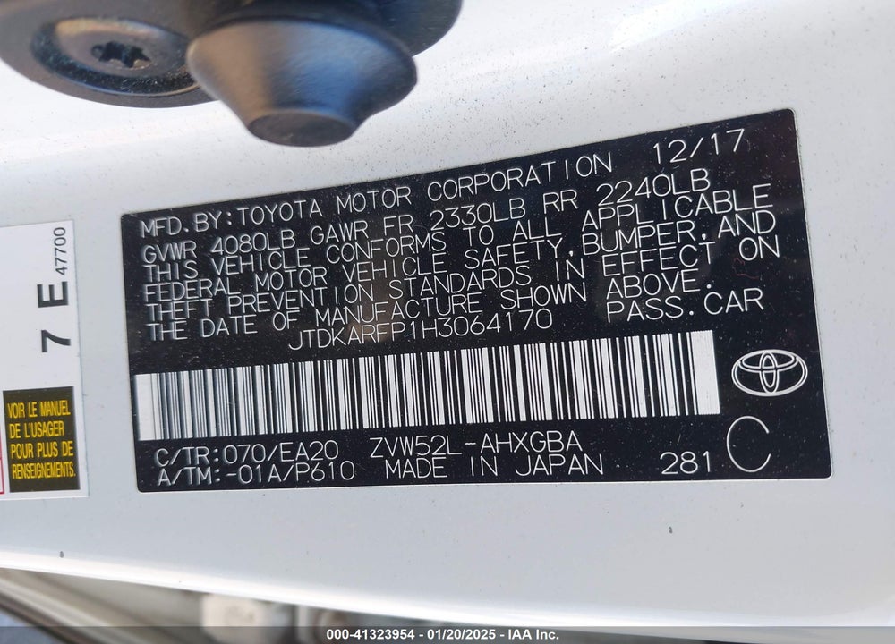 2017 TOYOTA PRIUS PRIME VIN: JTDKARFP1H3064170