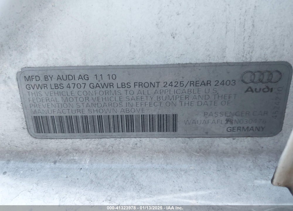 2011 AUDI A4 2.0T PREMIUM VIN: WAUAFAFL3BN030476