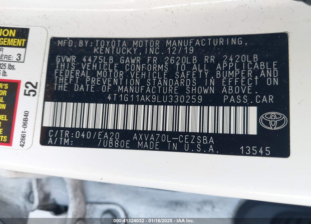 2020 TOYOTA CAMRY VIN: 4T1G11AK9LU330259