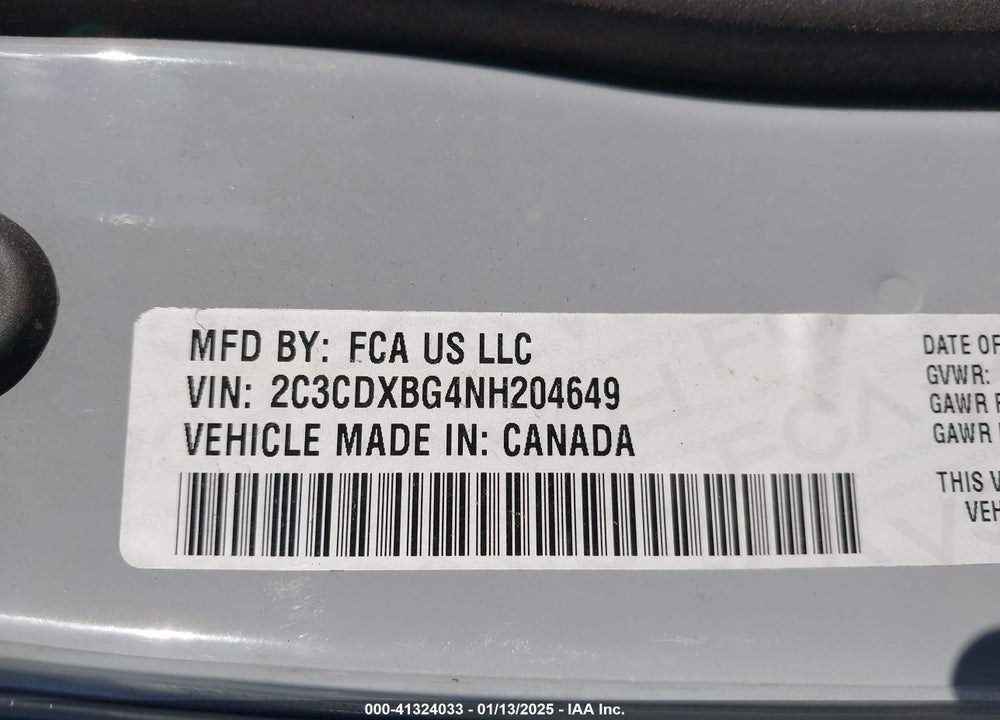 2022 DODGE CHARGER SXT RWD VIN: 2C3CDXBG4NH204649