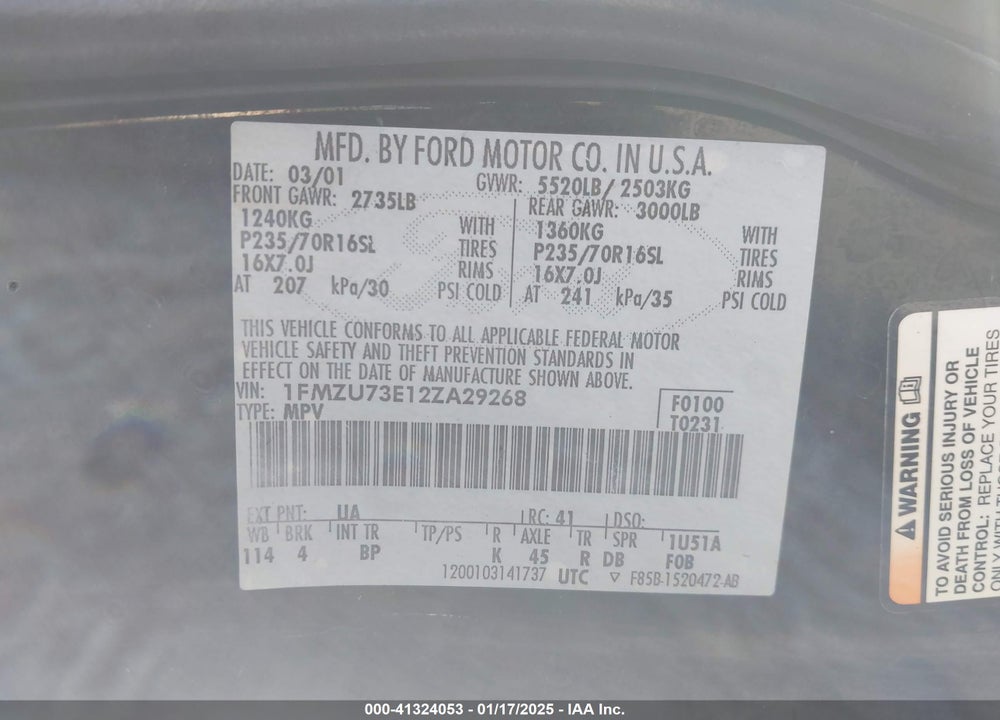 2002 FORD EXPLORER XLT VIN: 1FMZU73E12ZA29268