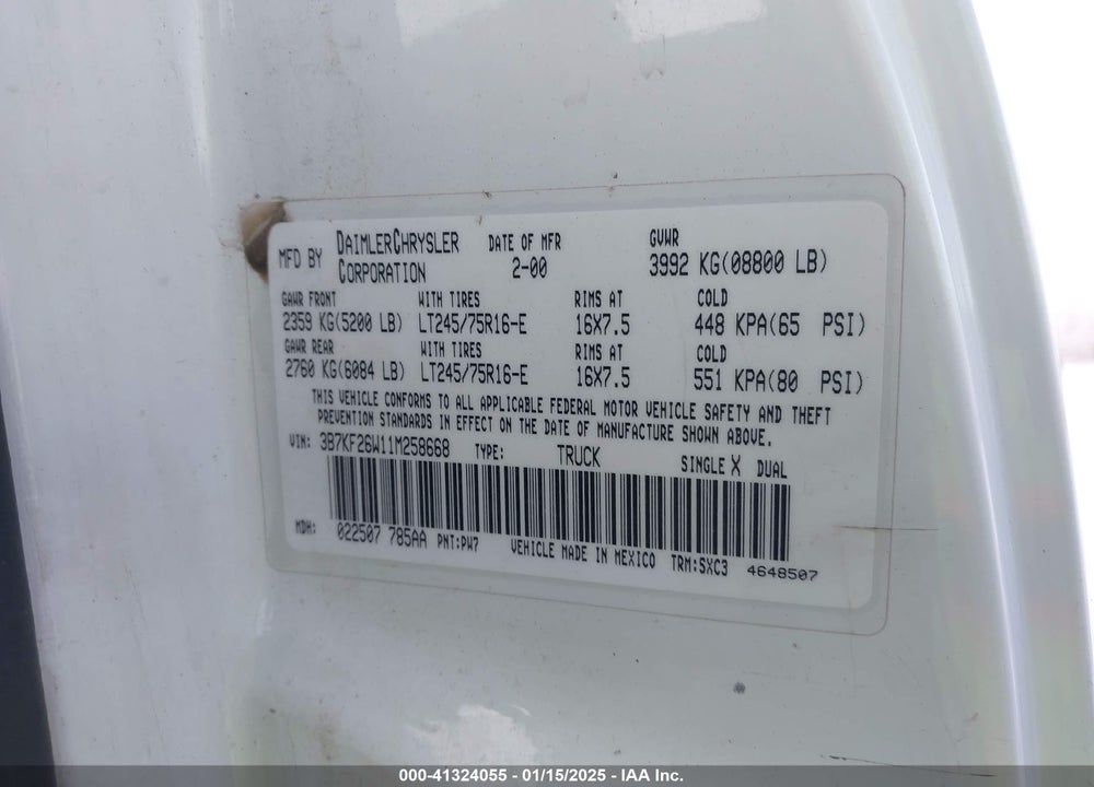 2001 DODGE RAM 2500 ST VIN: 3B7KF26W11M258668