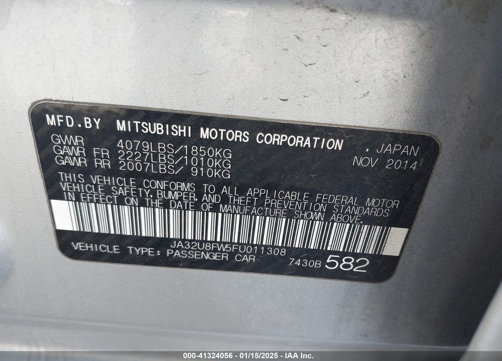 2015 MITSUBISHI LANCER VIN: JA32U8FW5FU011308