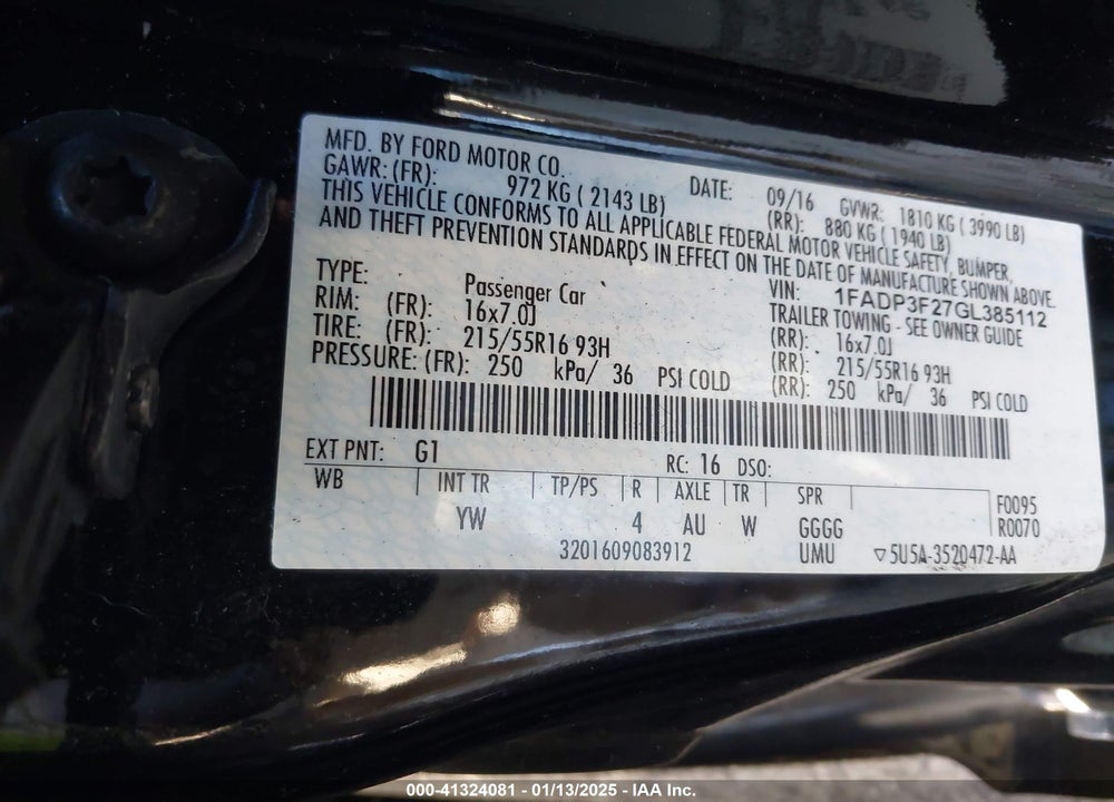 2016 FORD FOCUS VIN: 1FADP3F27GL385112