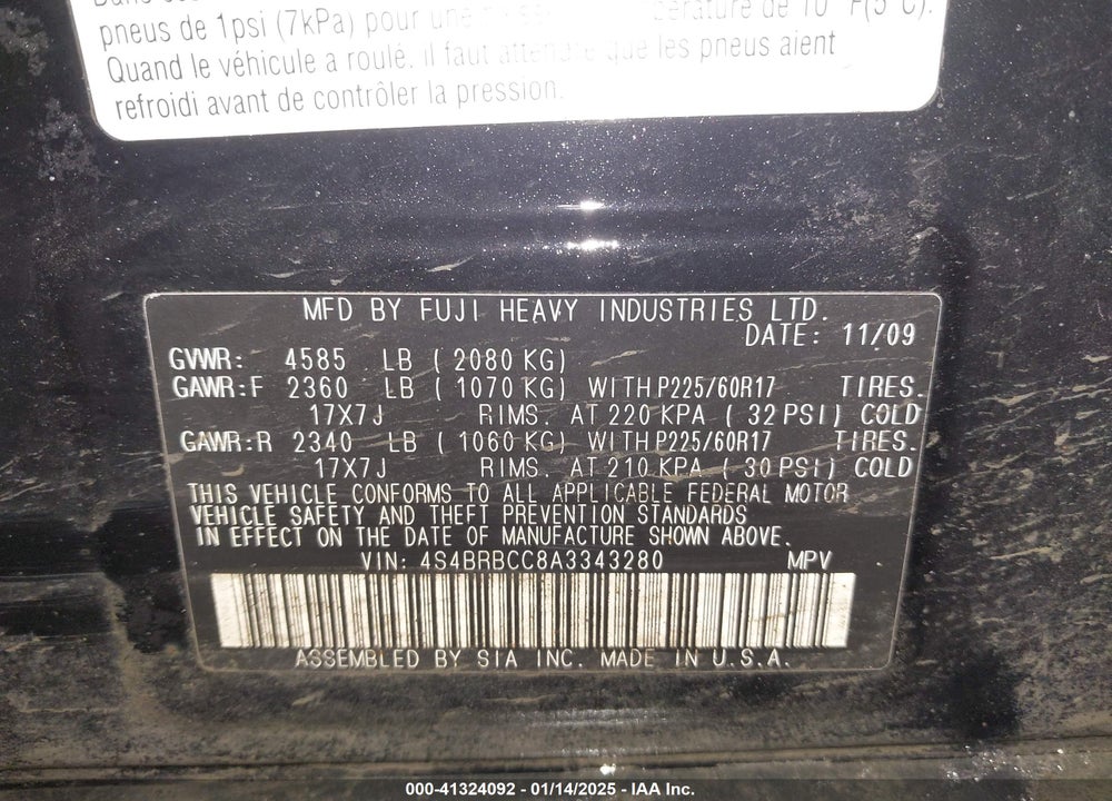 2010 SUBARU OUTBACK 2.5I PREMIUM VIN: 4S4BRBCC8A3343280