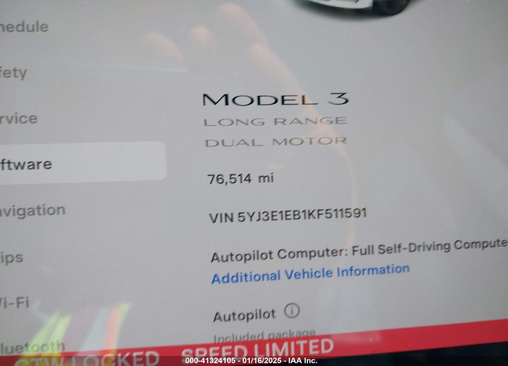 2019 TESLA MODEL 3 VIN: 5YJ3E1EB1KF511591