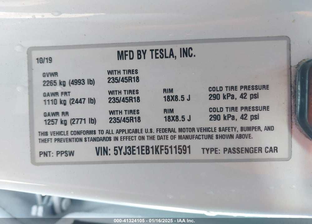 2019 TESLA MODEL 3 VIN: 5YJ3E1EB1KF511591