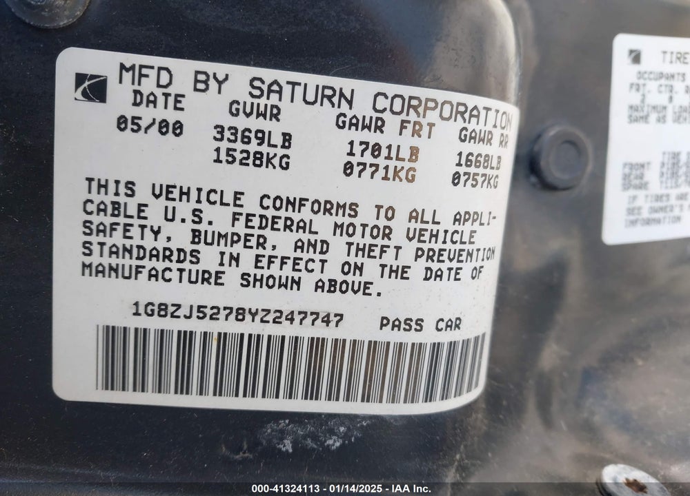 2000 SATURN SL2 VIN: 1G8ZK5278YZ138850