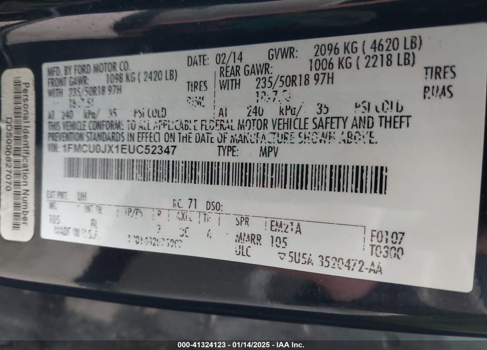 2014 FORD ESCAPE TITANIUM VIN: 1FMCU0JX1EUC52347