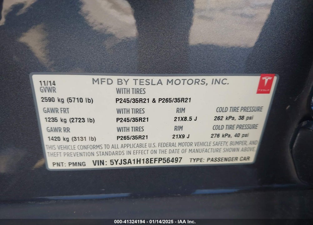 2014 TESLA MODEL S VIN: 5YJSA1H18EFP56497