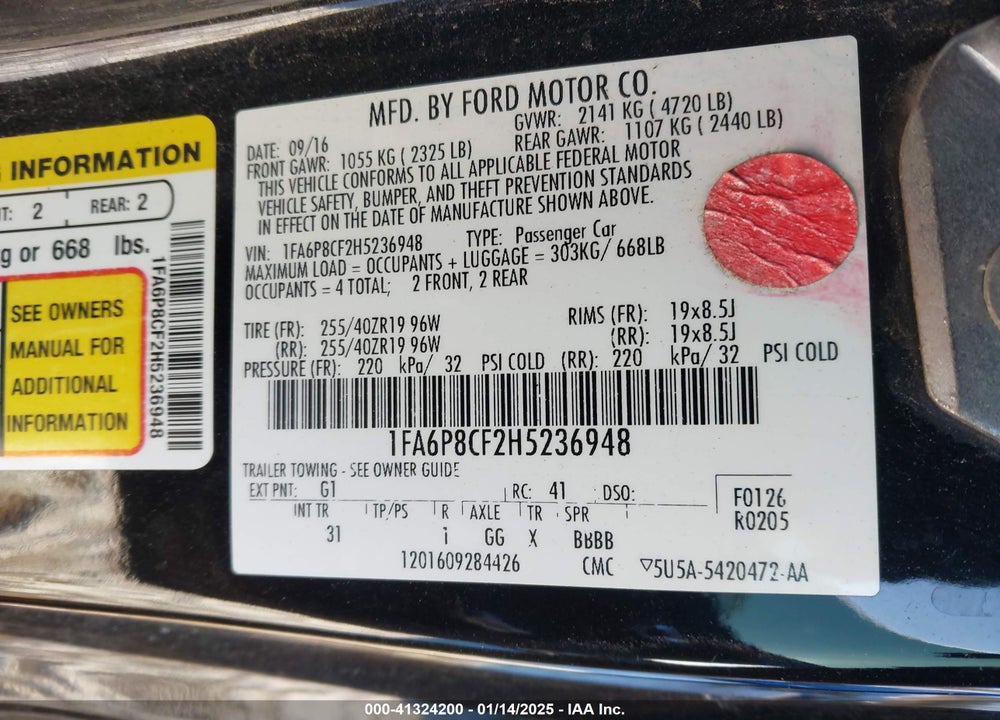 2017 FORD MUSTANG VIN: 1FA6P8CF2H5236948