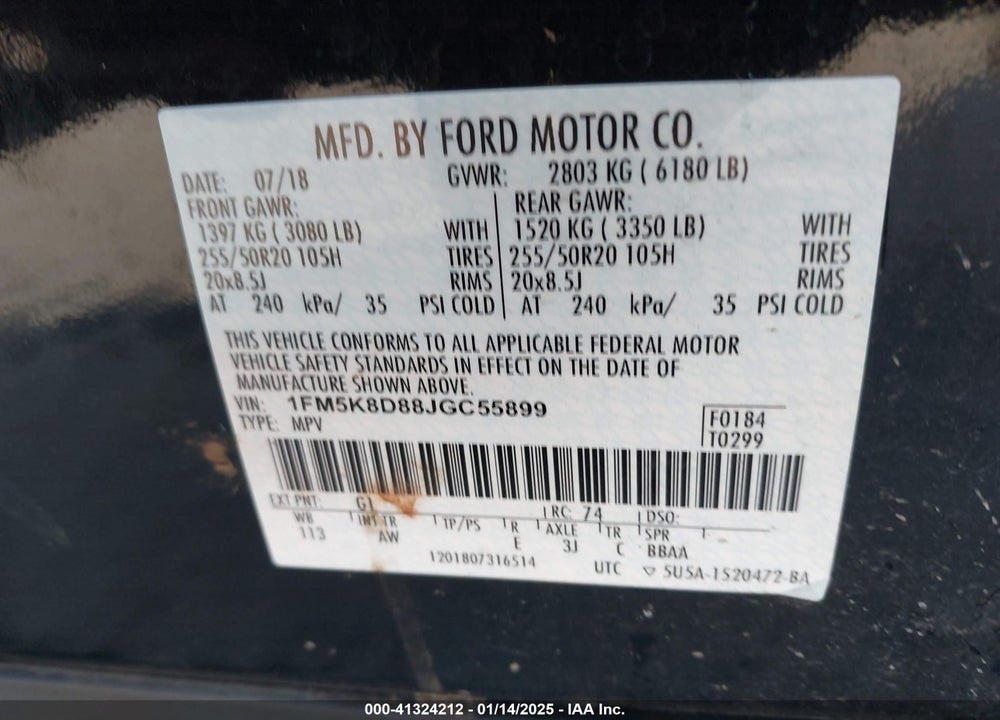 2018 FORD EXPLORER XLT VIN: 1FM5K8D88JGC55899