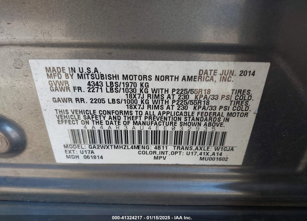 2014 MITSUBISHI OUTLANDER SPORT ES VIN: 4A4AR3AU4EE032935