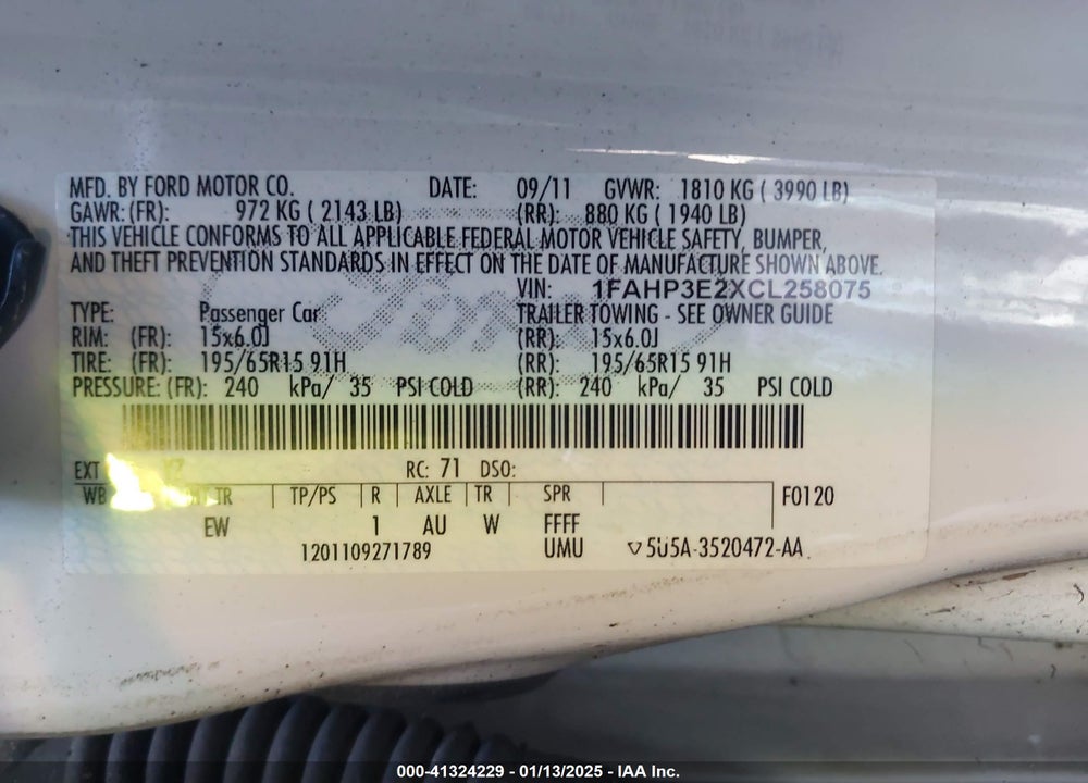 2012 FORD FOCUS VIN: 1FAHP3E2XCL258075