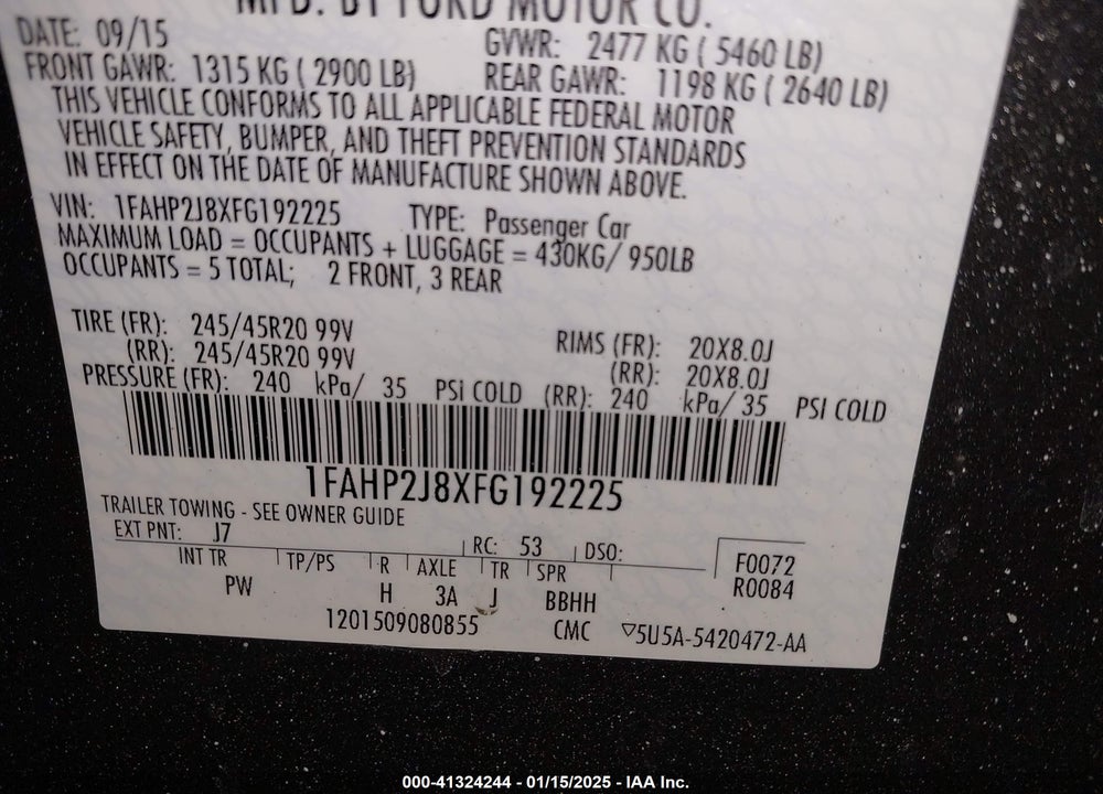 2015 FORD TAURUS VIN: 1FAHP2J8XFG192225