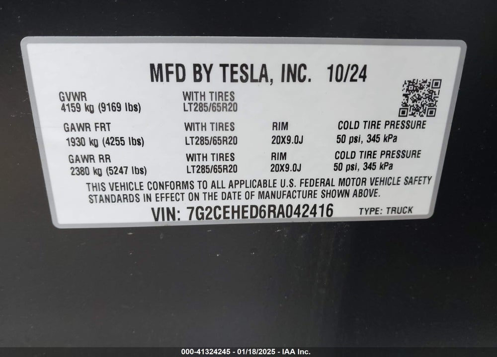 2024 TESLA CYBERTRUCK VIN: 7G2CEHED6RA042416
