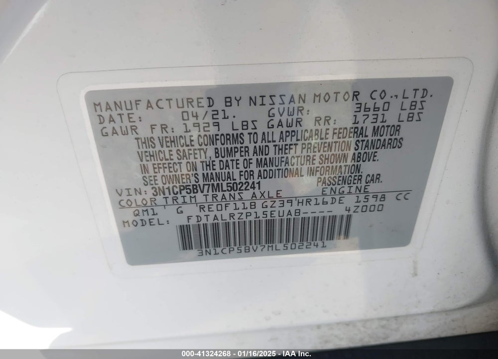 2021 NISSAN KICKS S XTRONIC CVT VIN: 3N1CP5BV7ML502241