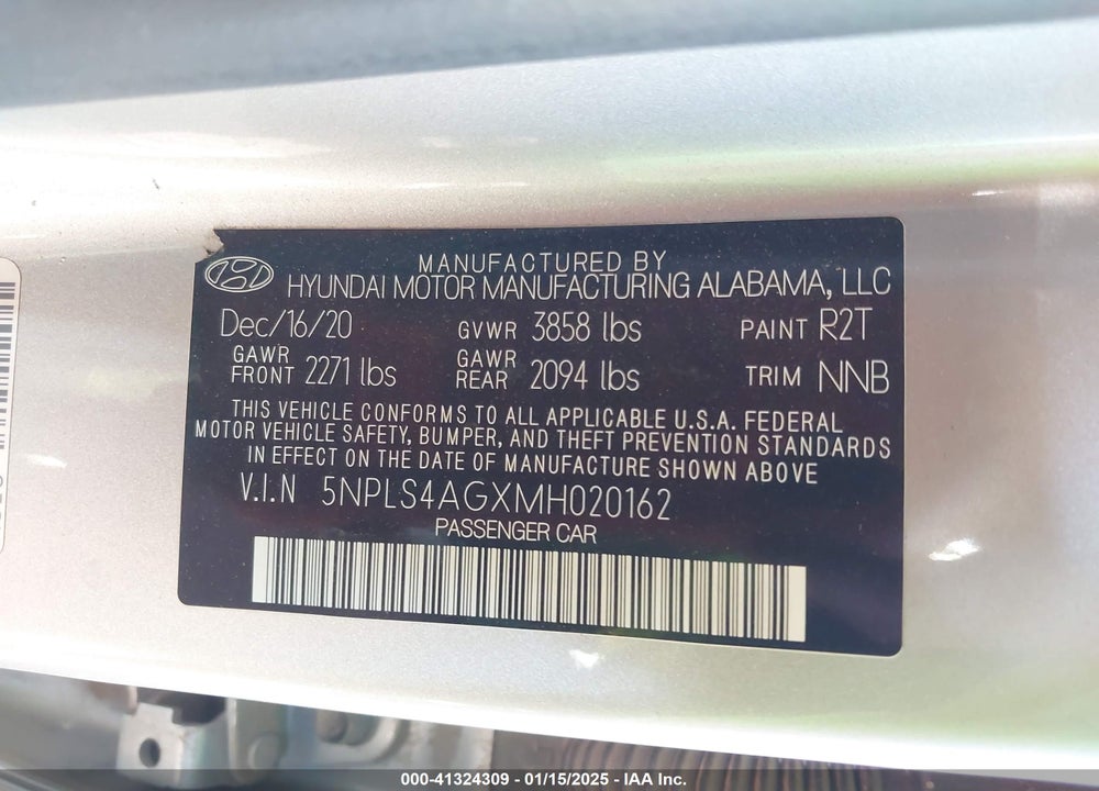 2021 HYUNDAI ELANTRA VIN: 5NPLS4AGXMH020162