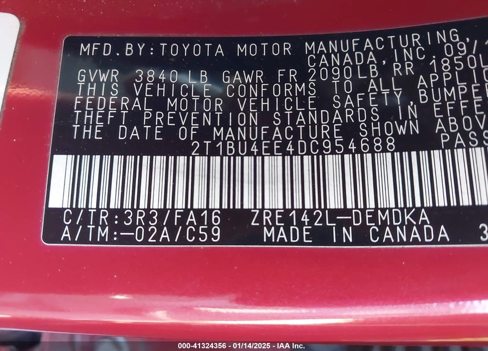 2013 TOYOTA COROLLA VIN: 2T1BU4EE4DC954688