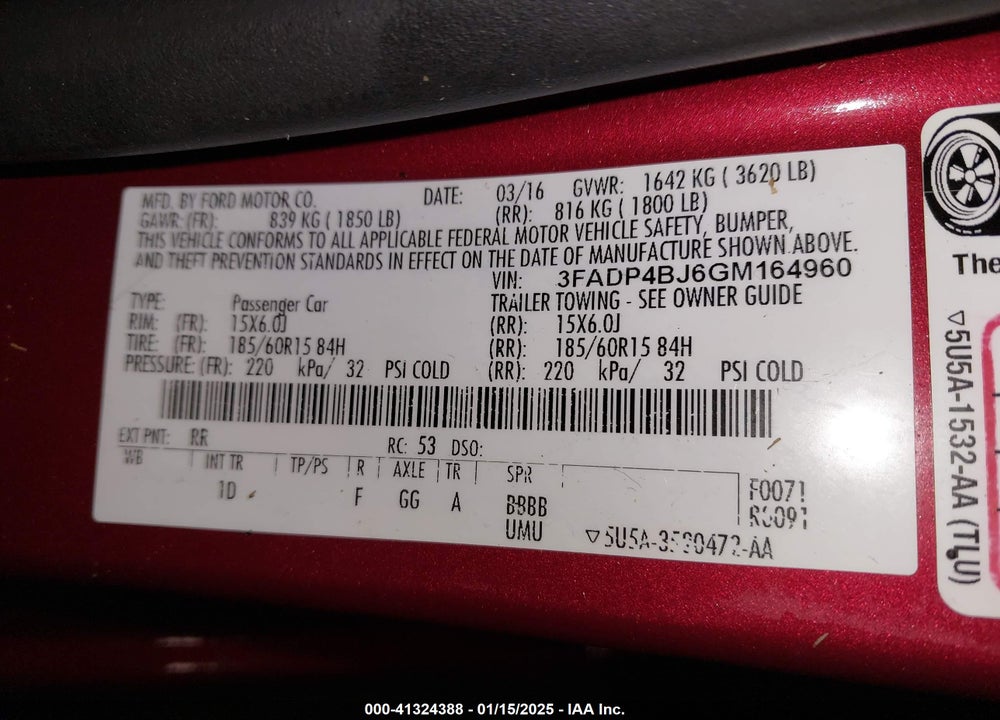 2016 FORD FIESTA VIN: 3FADP4BJ6GM164960