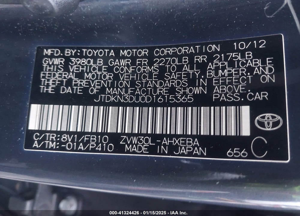2013 TOYOTA PRIUS TWO VIN: JTDKN3DU0D1615365