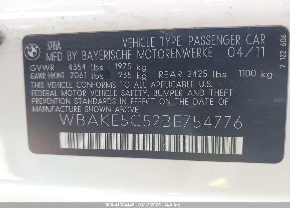 2011 BMW 328I VIN: WBAKE5C52BE754776