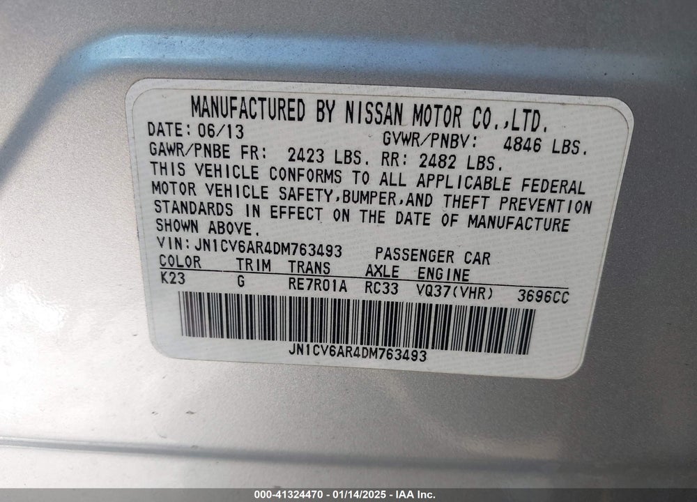 2013 INFINITI G37X VIN: JN1CV6AR4DM763493